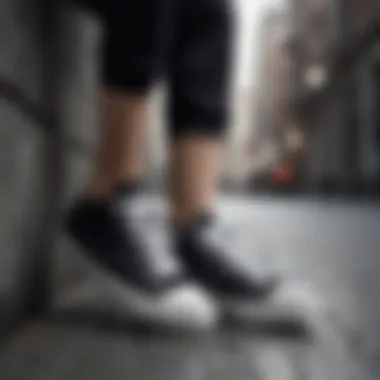 Stylish black and white canvas sneakers in urban setting