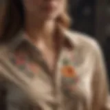 Elegant tan button-up shirt with floral embroidery