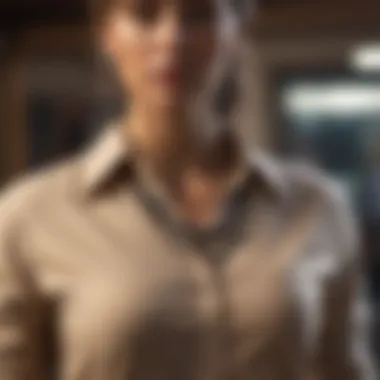 Tan button-up shirt styled with layered necklaces