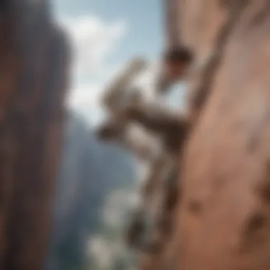 Rock climber conquering a challenging route in a white Nike turtleneck