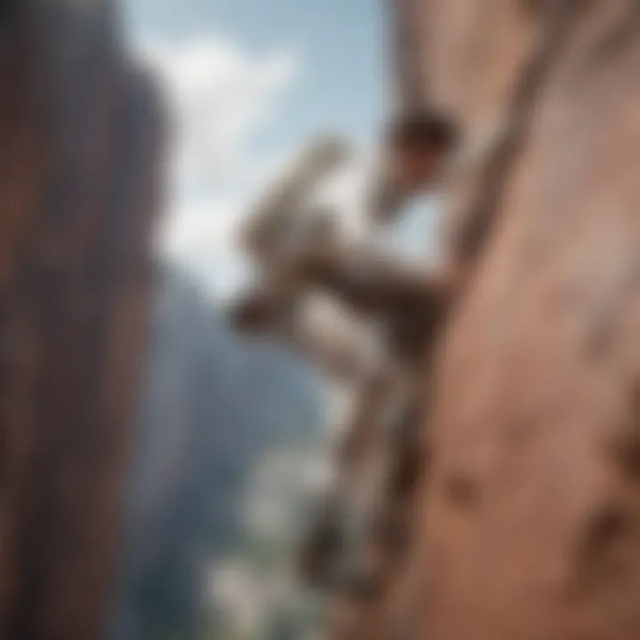 Rock climber conquering a challenging route in a white Nike turtleneck