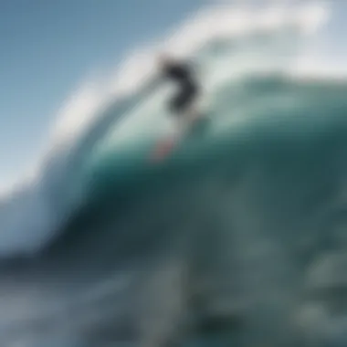 Surfer riding a massive wave with determination