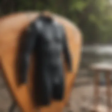 Wetsuit hanging on a wooden surfboard rack