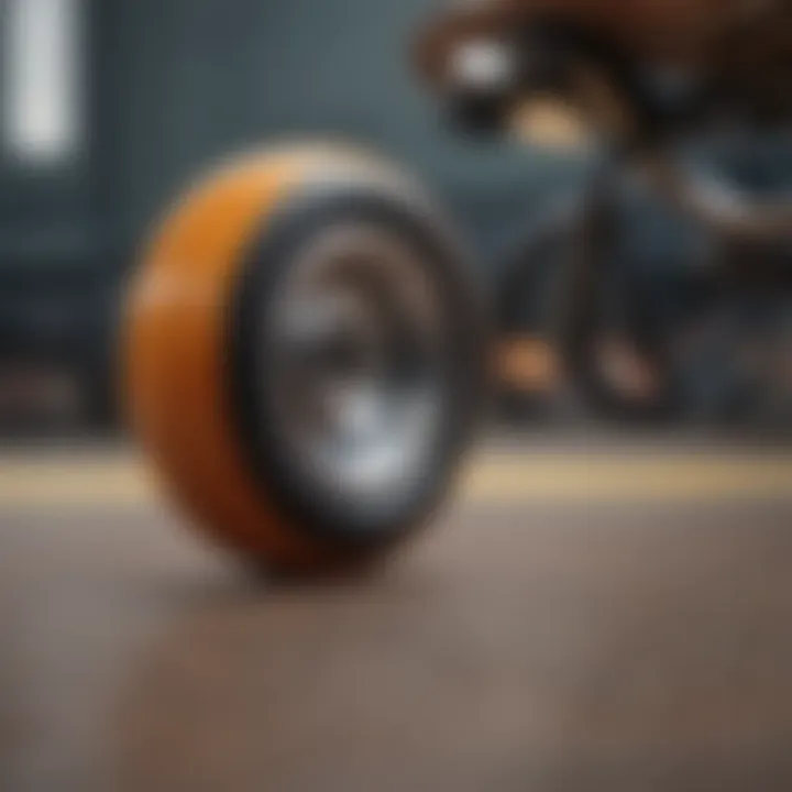 Close-up of longboard wheels demonstrating different sizes