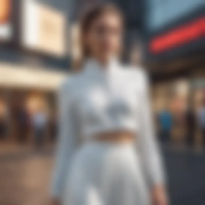 White cropped zip-up paired with flowy midi skirt and statement accessories