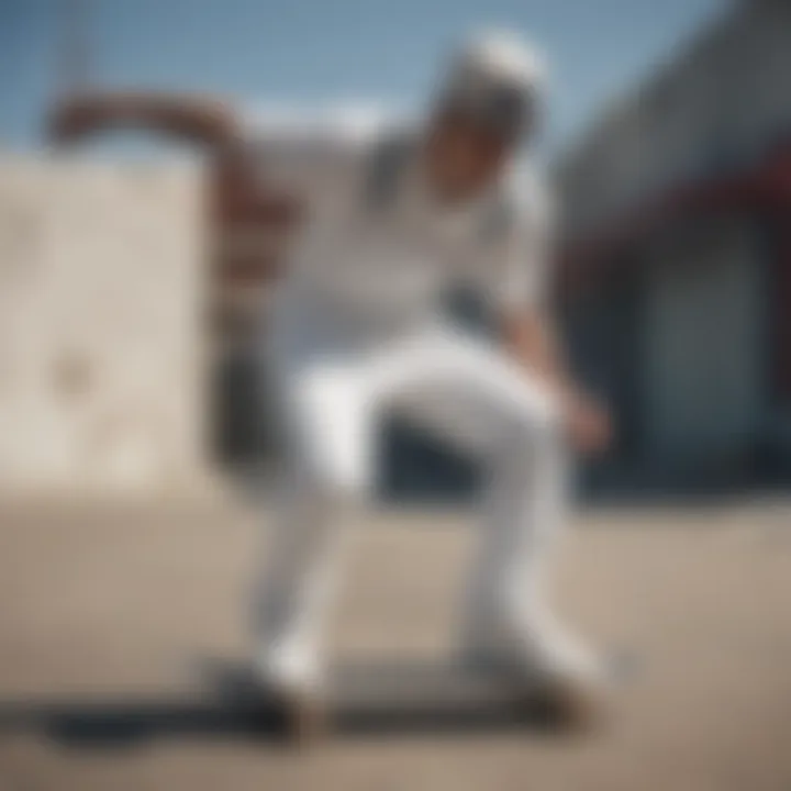 White denim overalls in skateboarding stunts