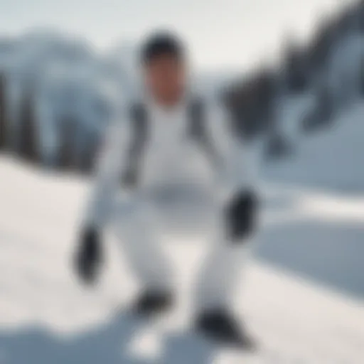 White denim overalls in snowboarding action