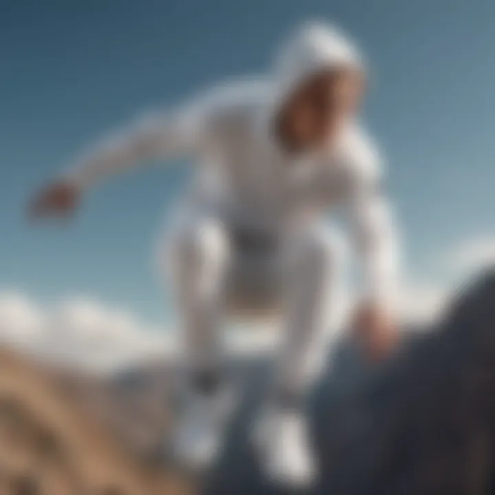 An action shot of an athlete wearing a white Mike hoodie in mid-air jump