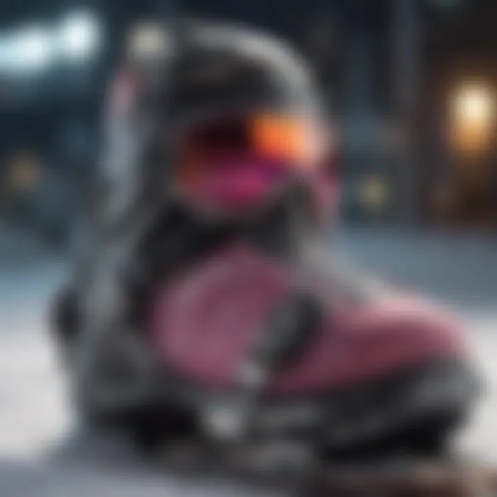 Close-up of snowboard bindings tailored for female riders
