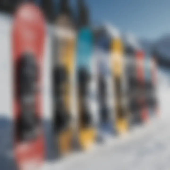 A selection of snowboards displayed on a snowy backdrop