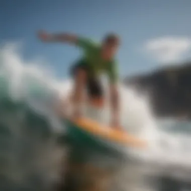 A dynamic shot of a Zap Wedge skim board cutting through ocean waves