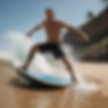 An expert skimboarder demonstrating advanced techniques on a Zap Wedge skim board